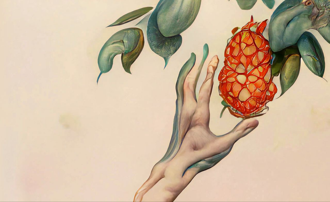 An AI generated image of a human hand reaching for a fruit hanging on a tree